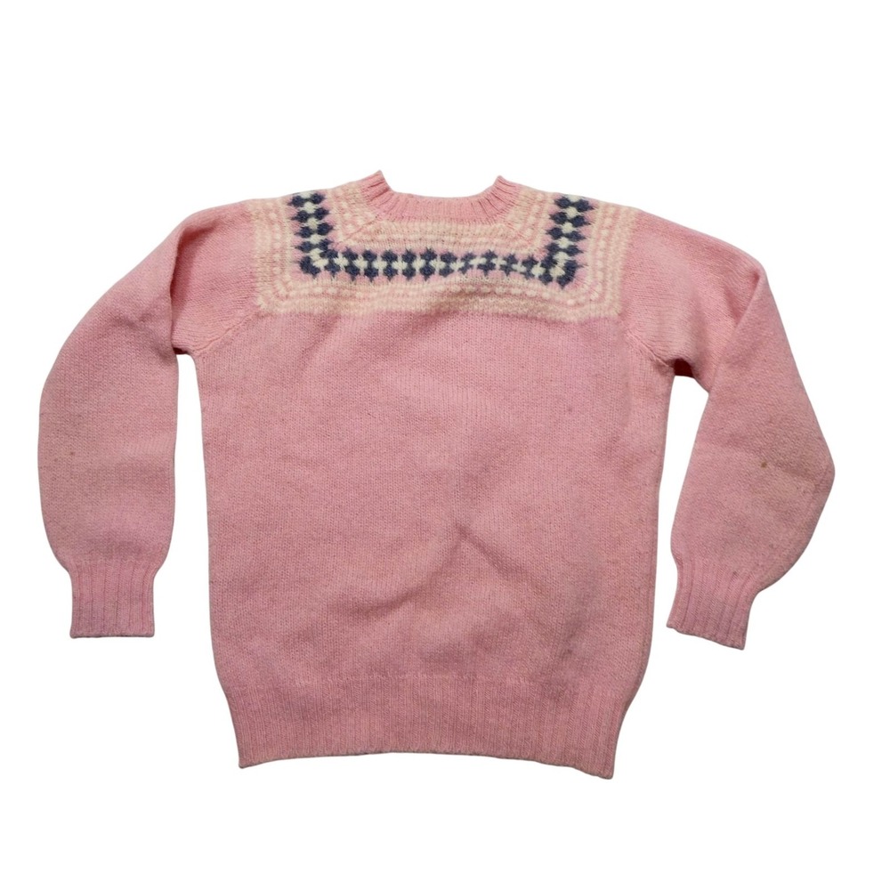 Vintage GOKEYS Sweater Womens 36 Pink 100% Wool Fair Isle Shetland Knit Scotland